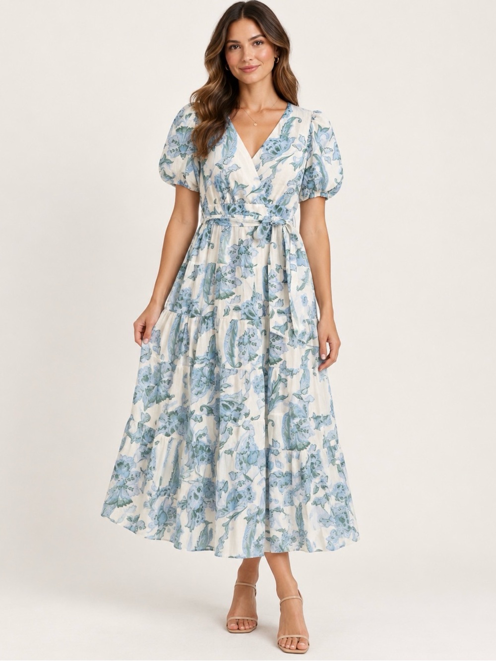 1.STATE Blue Floral Puff Sleeve Maxi Dress Small White Green Wrap Style Tiered